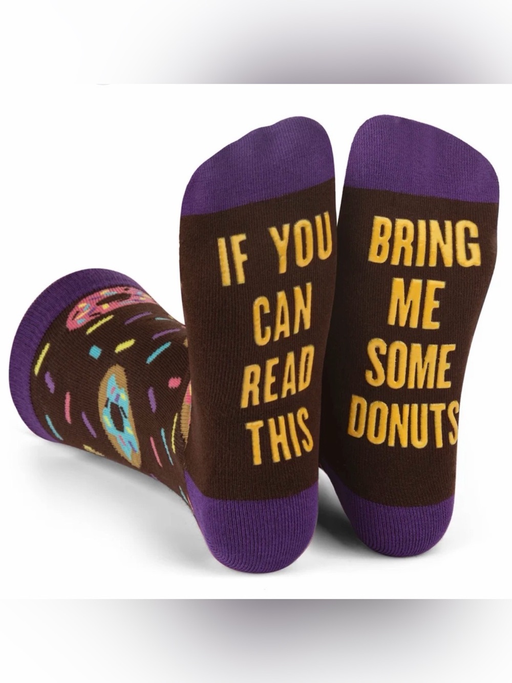 Mens Novelty Donut Socks - Brown & Purple with Yellow Text